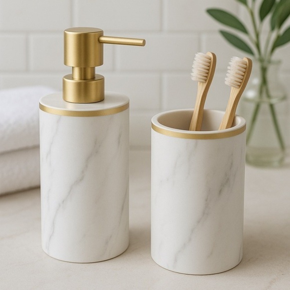 Bathroom Accessory Set Faux Marble Gold Soap Dispenser Toothbrush Holder New‎
